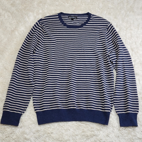 J.Crew Mercantile Mens Pique Striped Crewneck Sweater 100% Cotton Blue/Cream LG - Picture 5 of 11